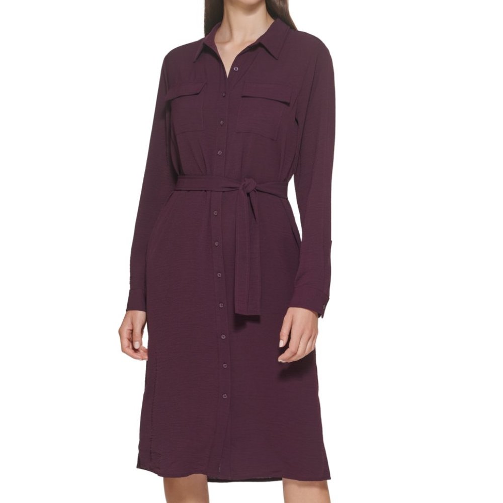 NWT! Calvin Klein Women's Belted Shirtdress - Aubergine Medium